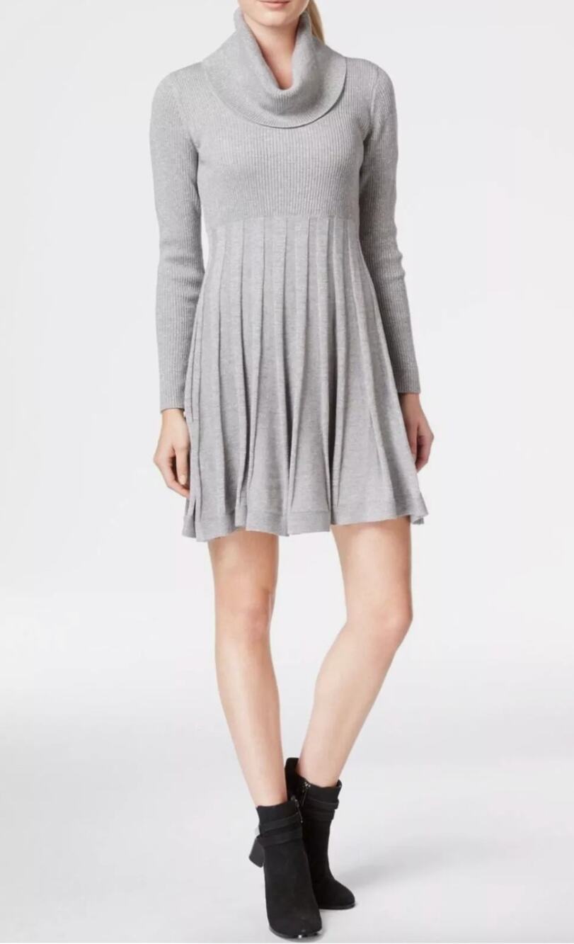 Calvin Klein Cowl Neck Sweater Dress L Silver Gray Pleated Knit Long Sleeve